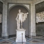Hellenistic or Roman copy after the Greek bronze original by Leochares (Greek sculptor from Athens, 4th century BC), Apollo Belvedere,  c. 350-325 BC, white marble,  Vatican Museums: Belvedere Courtyard Museo Pio-Clementino.