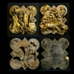 Top left, Lorenzo Ghiberti, Sacrifice of Isaac, Top right, Filippo Brunelleschi, Sacrifice of Isaac, 1401-03, / Backs of panels, Bottom left, Lorenzo Ghiberti, Bottom right, Filippo Brunelleschi