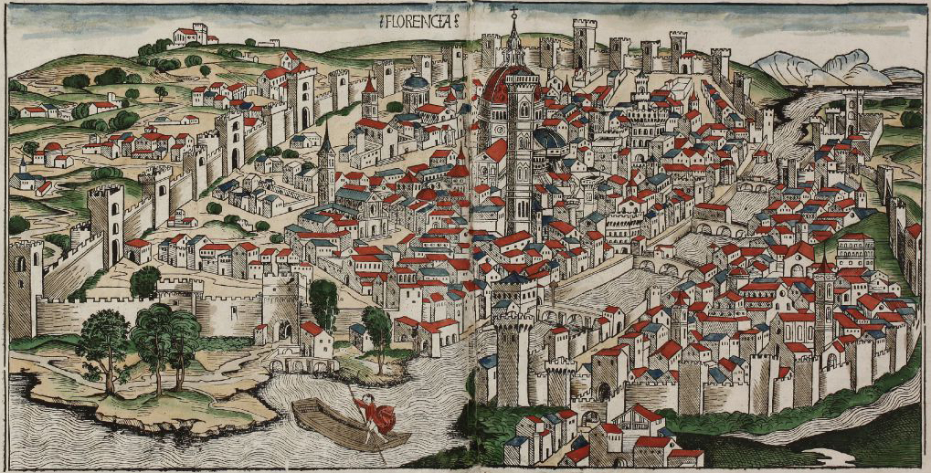 Coloured woodcut town view of Florence 1493