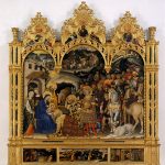 Gentile da Fabriano, The Adoration of the Magi, Strozzi A/P, 1423, tempera, gold, pastiglia (moulded plaster with gold leaf) on panel, Uffizi Gallery, Florence. 